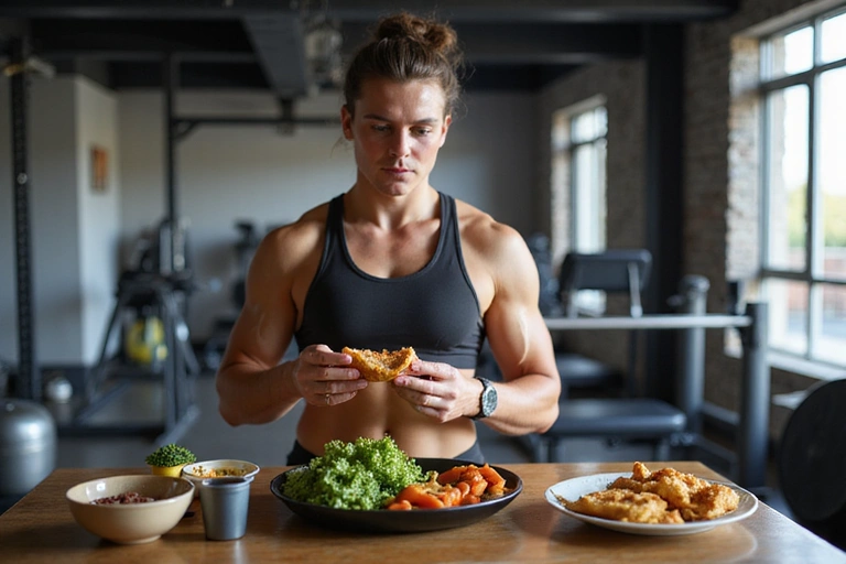 Ein Athlet isst nach dem Training eine gesunde Mahlzeit, bestehend aus Proteinen, Kohlenhydraten und Gemüse, in einer modernen Fitnessumgebung.