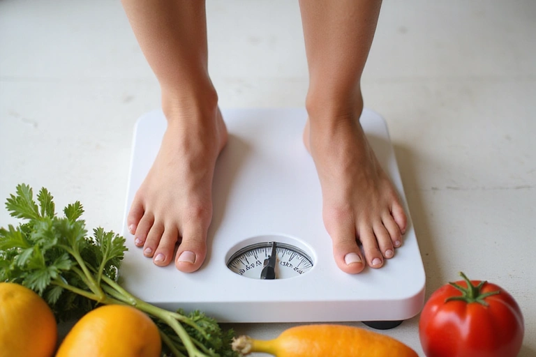 Eine lächelnde Person steht auf einer Waage, die ein gesundes Gewicht anzeigt, mit frischem Obst im Vordergrund, symbolisierend erfolgreiches Gewichtsmanagement.