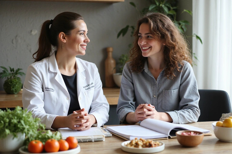 Eine Ernährungsberaterin spricht mit einer Klientin an einem Tisch, auf dem gesunde Lebensmittel und Notizbücher liegen, symbolisierend eine individuelle Beratung.
