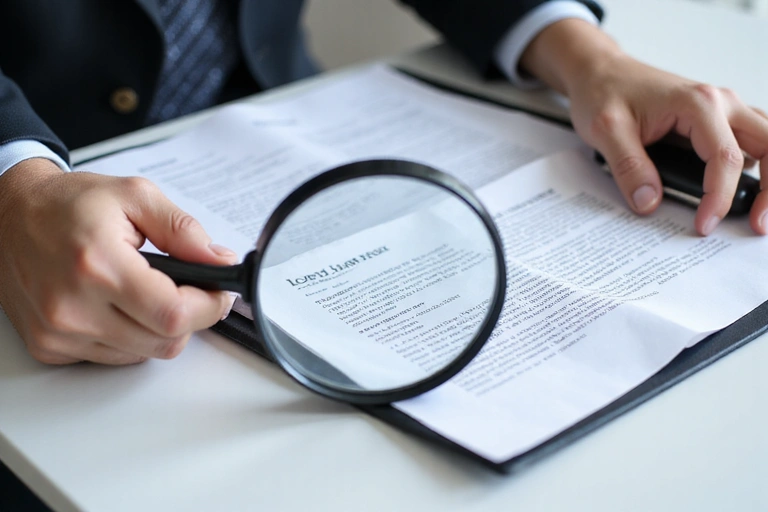 A person reading a legal document with a magnifying glass, symbolizing the careful review of terms and conditions.